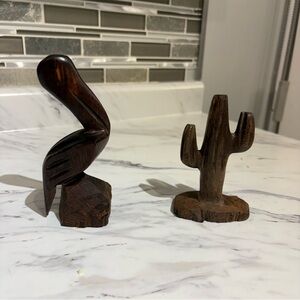 Vintage wood bird Pelican & Cactus carving ironwood solid wood sculptures